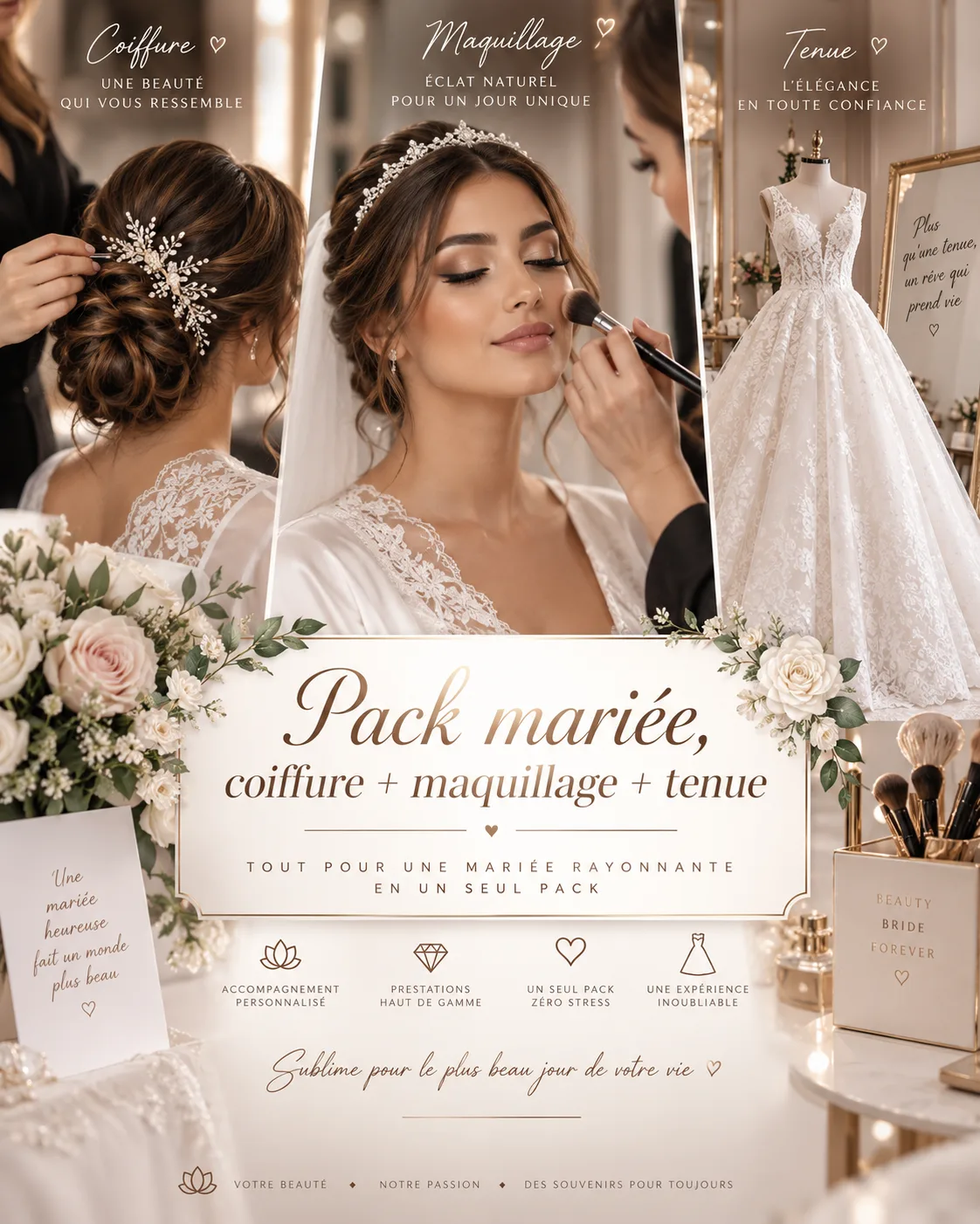 Pack mariée, coiffure + maquillage + tenue