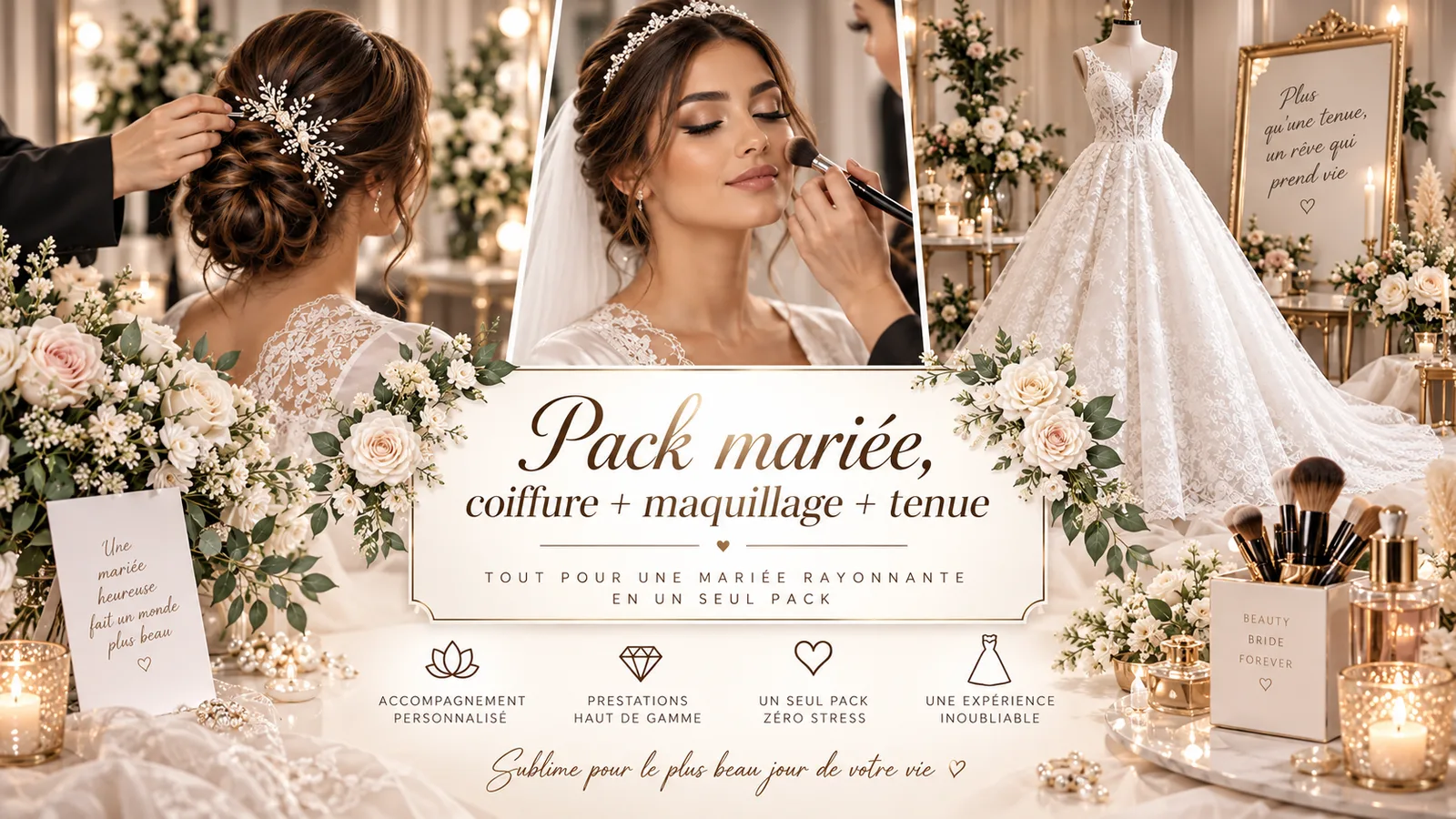 Pack mariée, coiffure + maquillage + tenue